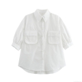 Women's Casual White Short Sleeve Button Down Shirt With Contrast Stitching Double Pockets Utility Work Blouse Streetwear Fashion Tops