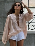Women Casual Crinkle Pleated Blouse V Neck Tie Front Long Sleeve Loose Shirt Streetwear Solid Color Polyester Top For Spring Autumn