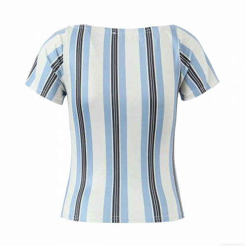 Women's Striped Patchwork Slim Fit T-Shirt Polyester Knit Sweetheart Neck Short Sleeve Crop Top Casual Streetwear Style For Summer Ladies