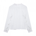 Women Elegant Solid Color Ruffle Chiffon Shirt Long Sleeve Tiered Stand Collar Blouse For Office Work Party Casual Wear 100 Percent Polyester
