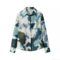 Women's Casual Long Sleeve Satin Texture Button Down Shirt Elegant Abstract Ink Print Lapel Blouse For Summer Streetwear Office Lady Comfortable Polyester Top