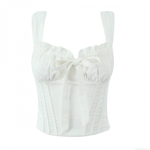 Women Fashion Corset Top Cotton Blend Fishbone Slim Fit Camisole Sleeveless Bow Decor Back Zipper Crop Top Streetwear Summer Party Dating