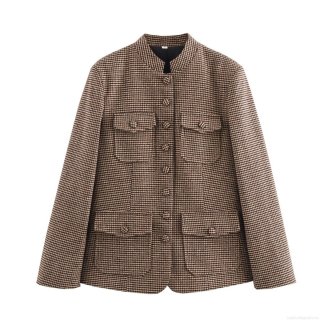 Women Vintage Houndstooth Blazer Jacket Shirt Long Sleeve Lapel Collar Single Breasted Pockets Retro British Style Streetwear Polyester Outerwear Tops