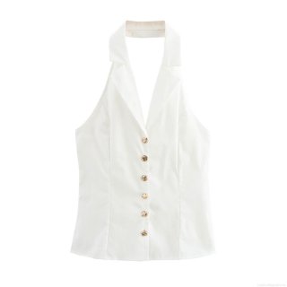 Women Sexy Halter Backless Tank Top White Lapel Blazer Vest With Gold Buttons Summer Hot Girl Slim Fit Streetwear Top Polyester Women Sexy Halter Backless Tank Top White Lapel Blazer Vest With Gold Buttons Summer Hot Girl Slim Fit Streetwear Top Polyester