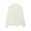 Elegant Women's 100% Polyester Chiffon Blouse V Neck Bow Tie Long Sleeve Pleated Button Down Shirt Office Casual White Streetwear Tops