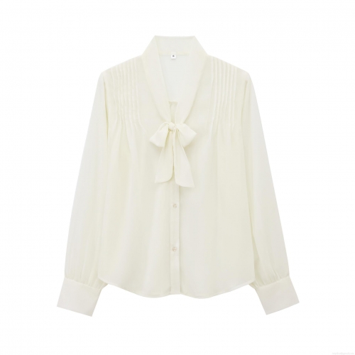 Elegant Women's 100% Polyester Chiffon Blouse V Neck Bow Tie Long Sleeve Pleated Button Down Shirt Office Casual White Streetwear Tops