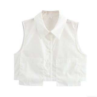Women's White Sleeveless Blouse Lapel Short Top 100% Polyester Double Pocket Button Down Shirt For Summer Daily Streetwear Fashion