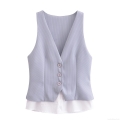 Women's Faux Two Piece Sleeveless V Neck Striped Patchwork Vest Shirt Casual Single Breasted Polyester Summer Blouse Top For Streetwear Women Fashion