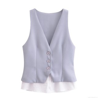 Women's Faux Two Piece Sleeveless V Neck Striped Patchwork Vest Shirt Casual Single Breasted Polyester Summer Blouse Top For Streetwear Women Fashion