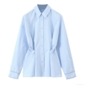 Women's Western Style Casual Oxford Shirt Long Sleeve Lapel Waist Cinched Button Up Blouse Polyester Solid Color Spring Office Top