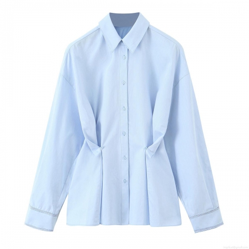 Women's Western Style Casual Oxford Shirt Long Sleeve Lapel Waist Cinched Button Up Blouse Polyester Solid Color Spring Office Top