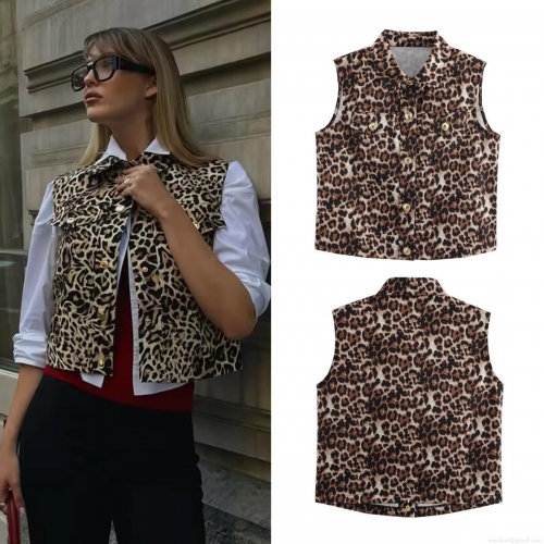 Women's Leopard Print Vest Sleeveless Fashion Waistcoat Round Neck Single Breasted Metal Buttons Polyester Slim Fit Streetwear Top For Spring Autumn Ladies