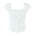 Women's French Style Square Neck Pleated T-Shirt Slim Fit Cotton Short Sleeve Button Down Top For Summer Streetwear Fashion
