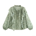 Women Floral Chiffon Blouse Long Sleeve Ruffle Collar Tie-Neck Pullover Shirt Vintage Loose Fit Casual Top For Spring Summer Streetwear
