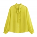 Women's Neon Yellow Chiffon Blouse Elegant Long Sleeve Bow Tie Neck Button Down Shirt Lightweight Pleated Back Casual Top For Office Street Party