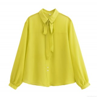 Women's Neon Yellow Chiffon Blouse Elegant Long Sleeve Bow Tie Neck Button Down Shirt Lightweight Pleated Back Casual Top For Office Street Party