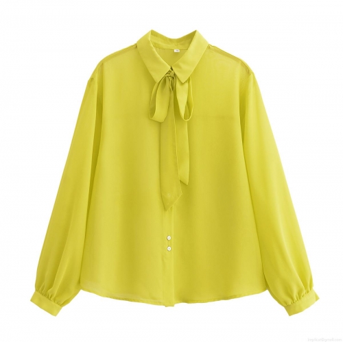 Women's Neon Yellow Chiffon Blouse Elegant Long Sleeve Bow Tie Neck Button Down Shirt Lightweight Pleated Back Casual Top For Office Street Party