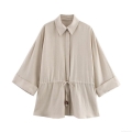 Women's Casual Linen Blend Long Sleeve Shirt Turn-down Collar Waist Drawstring Blouse With Wooden Beads Elegant Solid Color Tops For Streetwear Office Spring Fashion
