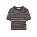 Women Striped Knit T-Shirt Polyester Open Knit Short Sleeve Round Neck Breathable Casual Streetwear Daily Vacation Retro Chic Slim Fit Crop Top