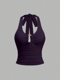 Women's Sexy Halter Neck Camisole With Golden Metal Ring Polyester Elastane Slim Fit Cropped Tank Top Summer Sleeveless Backless Tie Up Vest For Party Clubwear