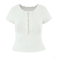 Women's Retro Ribbed Knit Henley T-Shirt Pearl Buttons Off-Shoulder Slim Fit Short Sleeve Wavy Edge Summer Street Style Top