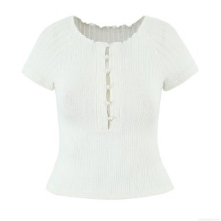 Women's Retro Ribbed Knit Henley T-Shirt Pearl Buttons Off-Shoulder Slim Fit Short Sleeve Wavy Edge Summer Street Style Top