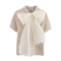 Women's Knitted Polyester Short Sleeve T-Shirt With Large White Organza Bow Decoration Round Neck Off-White Elegant Pullover Top For Summer Party Streetwear