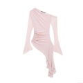 Women's Sexy Asymmetric Off-Shoulder Mesh Top Elegant Ruched Long Sleeve Tee Shirt Solid Light Pink Slim Fit Streetwear T-Shirt For Party Dating
