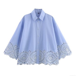 Women's Light Blue Long Sleeve Lapel Shirt With White Floral Eyelet Hollow Embroidery Cotton Blend Loose Button Down Blouse For Spring Daily Streetwear Women's Light Blue Long Sleeve Lapel Shirt With White Floral Eyelet Hollow Embroidery Cotton Blend Loose Button Down Blouse For Spring Daily Streetwear