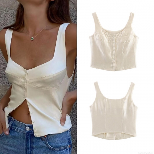 Women Satin Cami Top Slim Fit Single Breasted Button Decor Sexy U-Neck Cropped Tank Top Streetwear Summer Sleeveless Blouse For Ladies