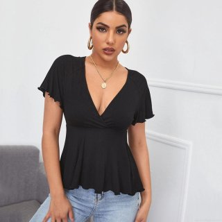 Women's V Neck Ribbed Knit T-Shirt Slim Fit Viscose Short Sleeve Peplum Top Ruffle Hem Casual Blouse For Women Streetwear Women's V Neck Ribbed Knit T-Shirt Slim Fit Viscose Short Sleeve Peplum Top Ruffle Hem Casual Blouse For Women Streetwear