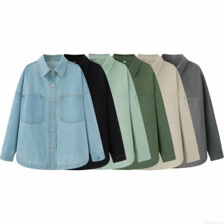 Women's Retro Loose Denim Shirt Jacket Casual Long Sleeve Cotton Polyester Blend Western Style Streetwear Blouse Top With Double Pockets For Spring Autumn