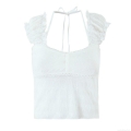 Women's White Floral Lace Blouse Halter Neck Tie Front Puff Sleeve Crop Top Summer Sexy Cotton Blend Retro Streetwear Short Shirt