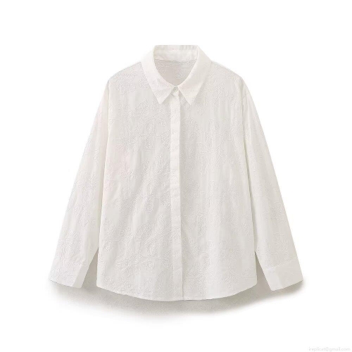 Women's Elegant Flower Embroidery Long Sleeve Cotton Blend Blouse Shirt Turn-Down Collar Loose Button Down Top Streetwear Casual Clothing