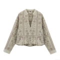 Women's Vintage Sage Green Floral Embroidery Blouse Long Sleeve Cotton Blend Eyelet Hollow Shirt V Neck Single Breasted Casual Ethnic Tops