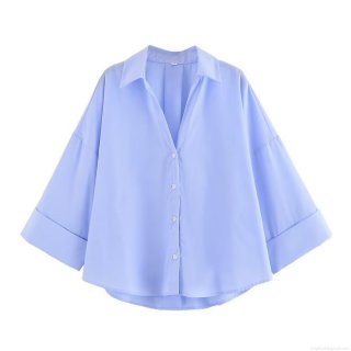 Women's Light Blue Poplin Shirt Oversized Cotton Blend Single Breasted Turn Down Collar Long Sleeve Blouse Streetwear Casual Fashion Top