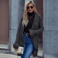 Women's Chic Long Knitted Cardigan Sweater Ruffle Trim Lapel Collar Loose Fit Open Front Knitted Fabric Jacket Coat With Pockets Solid Heather Gray Casual Streetwear For Women
