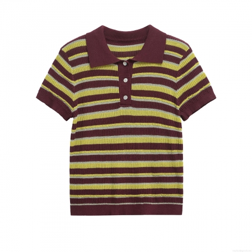 Women's Striped Knit Polo Shirt Short Sleeve Color Block Ribbed T-Shirt American Retro Style Button Down Neck Summer Casual Knitwear Top