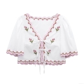 Women's V-Neck Embroidered Blouse 100% Polyester Lace-Up Cropped Top Scalloped Edges Floral Long Sleeve Shirt Bohemian Streetwear Summer Fashion Top