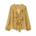 Women's V-Neck Long Sleeve Ruffle Blouse Elegant Solid Polyester Chiffon Shirt Fashion Streetwear Layered Decorative Top For Ladies Spring Summer