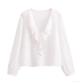 Women's V-Neck Ruffle Blouse Long Sleeve Solid Color Pullover Top with Tie Detail and Metal Tips Western Style Loose Fit Crinkle Texture Shirt