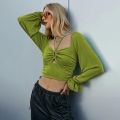 Women Sexy Hollow Out Bubble Sleeve T-Shirt 95% Polyester 5% Spandex Long Sleeve Ultra Short Cropped Top Streetwear Casual Fashion Slim Fit Ruched Front Drawstring Tee