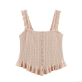 Women's Sexy Knit Button Front Camisole Ruffle Strap Diamond Pattern Crop Tank Top Elegant Sweet Square Neck Slim Fit Sleeveless Knitted Top Summer Streetwear
