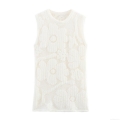 Women Round Neck Sleeveless Knitted Tank Top Hollow Floral Lace Summer Casual Streetwear Polyester Vest T-Shirt Tops