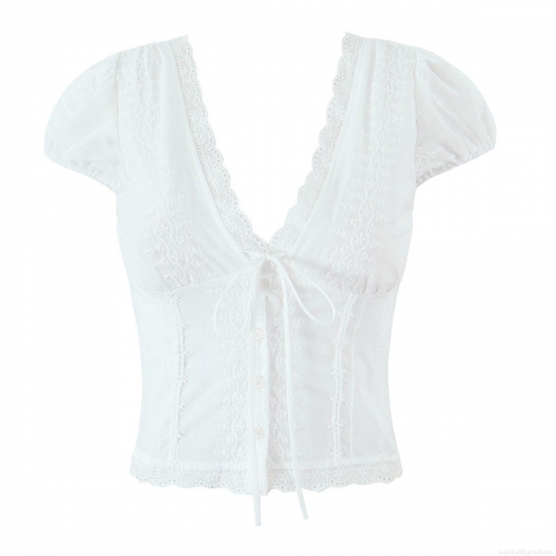 Women's French Retro White Lace V-Neck Tie-Up Blouse Top Cotton Embroidery Puff Short Sleeve Summer Streetwear Fashion Aesthetic
