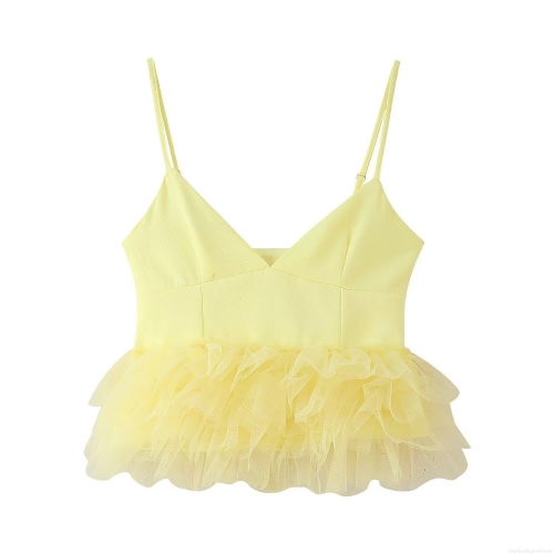 Women's Yellow Mesh Hem Camisole Spaghetti Strap V-Neck Polyester Slim Fit Sleeveless Cropped Top For Summer Party Streetwear