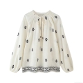 Women Bohemian Embroidered Blouse Round Neck Tassel Tie Long Lantern Sleeve Polyester Cotton-Linen Feel Ethnic Style Loose Top Breathable Summer Shirt