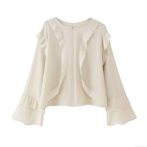 Women's V Neck Ruffle Long Sleeve Blouse Casual Apricot Solid Color Bell Sleeve Shirt Top For Streetwear Daily Commute Polyester Cotton Feel