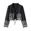 Women's Ruffle Neck Lace-up Blouse Polyester Embroidery Hollow Out Short Top Vintage Streetwear Summer Long Sleeve Shirt Black Scalloped Trim Top