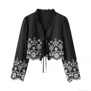 Women's Ruffle Neck Lace-up Blouse Polyester Embroidery Hollow Out Short Top Vintage Streetwear Summer Long Sleeve Shirt Black Scalloped Trim Top